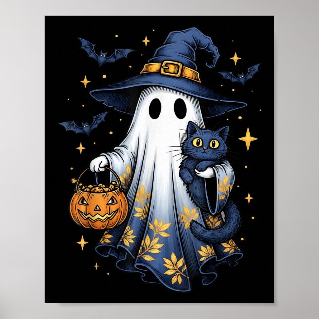 Poster Bruxa Fantasma de Halloween Segurando Gato Preto D (Frente)