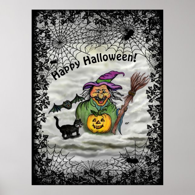 Poster Bruxa, Gato, Bat e Pumpkin, Feliz Halloween! (Frente)