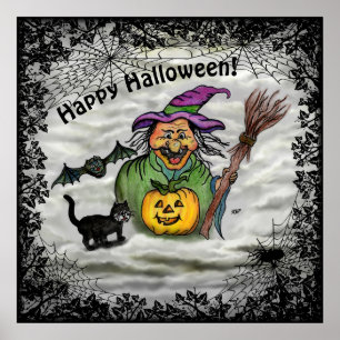 Poster Bruxa, Gato, Bat e Pumpkin, Feliz Halloween!