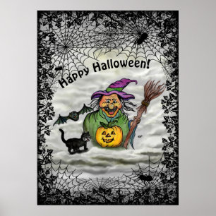 Poster Bruxa, Gato, Bat e Pumpkin, Feliz Halloween!