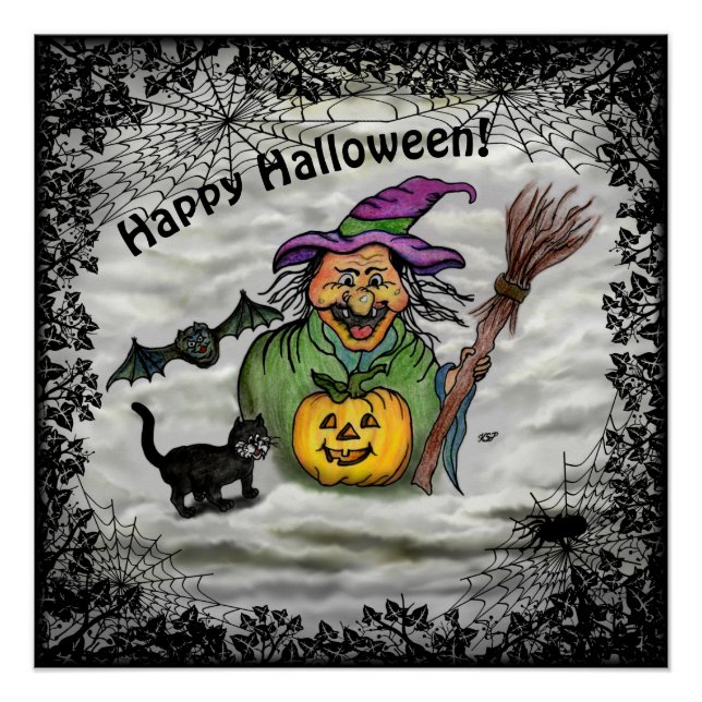 Póster Bruxa, Gato, Bat e Pumpkin, Feliz Halloween! (Frente)