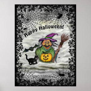 Poster Bruxa, Gato, Morcego e Abóbora, Feliz Halloween!