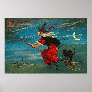 Poster Bruxa Gato Preto Voador Lua Crescente