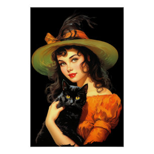 Póster Bruxa Glamorosa Vintage Halloween Pin-up Art