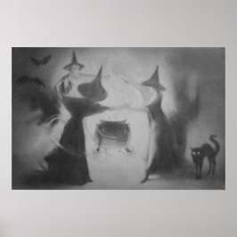 Poster Bruxa Monocromática Morcego Noite Caldeirão Gato P