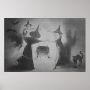 Poster Bruxa Monocromática Morcego Noite Caldeirão Gato P
