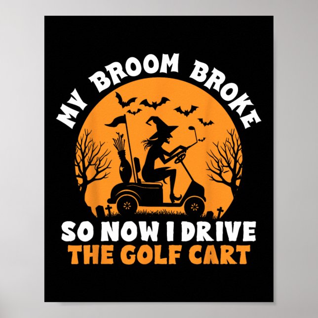 Poster Bruxa Montando um Carrinho de Golfe Funny Hallowee (Frente)