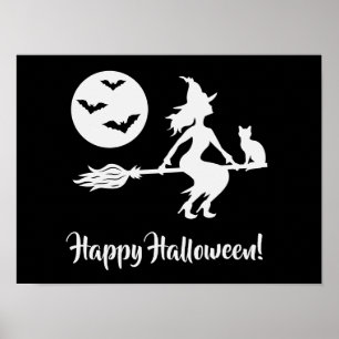 Poster Bruxa Num Cabelo Preto E Branco Feliz Halloween