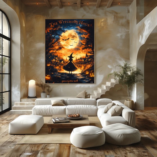 Poster Bruxa Silhouette Halloween - Lua cheia e vila (Criador carregado)