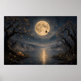 Poster Bruxa sob a Lua Cheia Gótico Halloween Lago