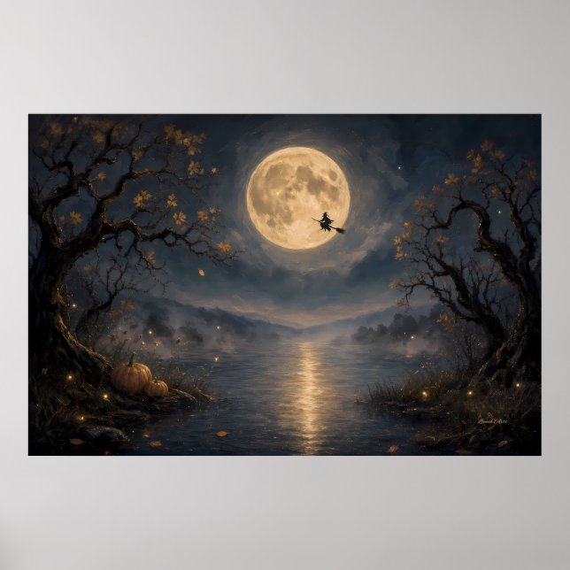 Poster Bruxa sob a Lua Cheia Gótico Halloween Lago (Frente)