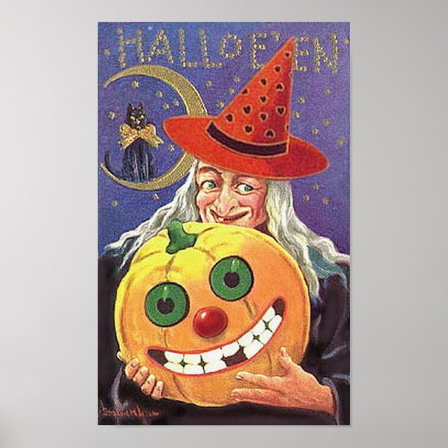 Poster Bruxa Sorrindo de Halloween e Abóbora (Frente)
