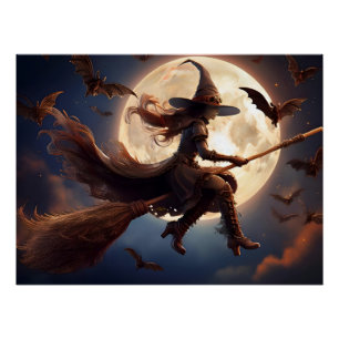 Póster Bruxa Steampunk do Voo ao Luar de Halloween