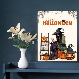 Poster Bruxa Vintage Tarot Abóbora Assustadora Halloween