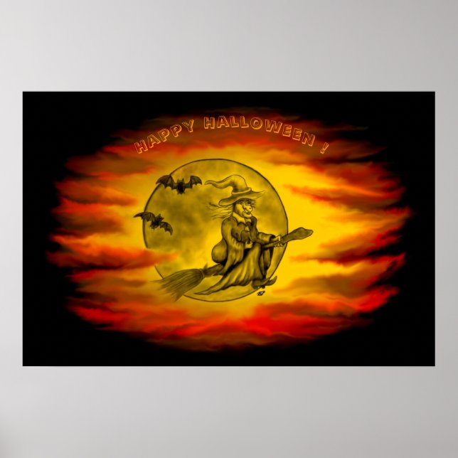 Poster Bruxa voadora com gato preto, noite de halloween (Frente)