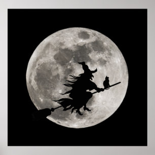 Póster bruxa voadora com uma lua brilhante atrás dela