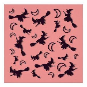 Póster Bruxa voadora entre a meia-lua na noite de Hallowe
