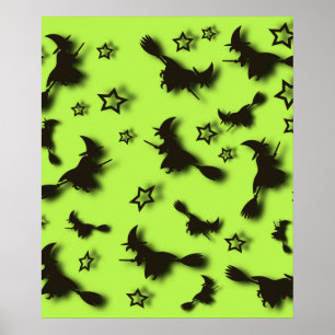 Poster bruxa voadora entre as estrelas na noite de Hallow