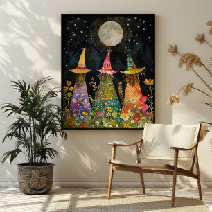 Poster Bruxas Whimsical Sob Arte Colorida Fullmoon