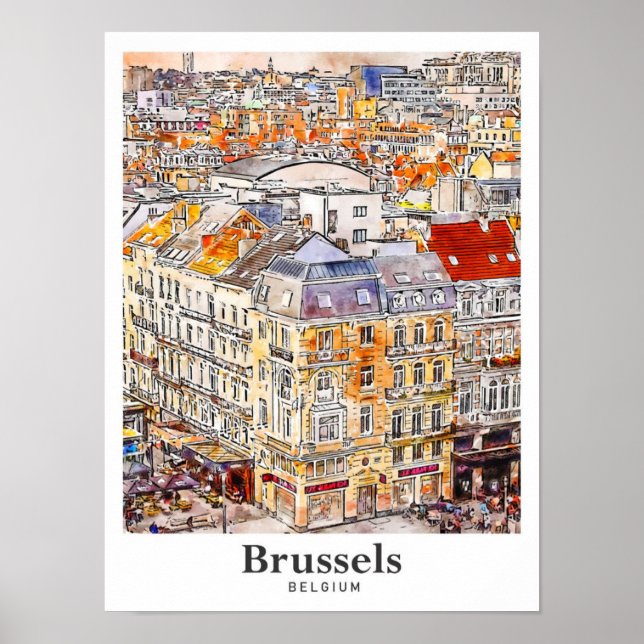 Poster Bruxelas Bélgica Viagem Watercolor (Frente)