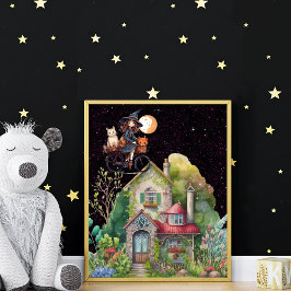 Poster Bruxinha Bonita E Gato Com Uma Casa Feliz