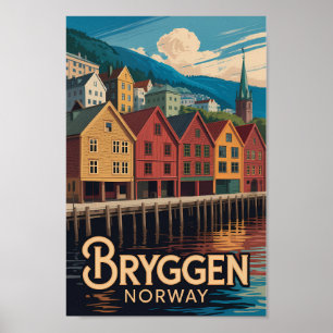Poster Bryggen Noruega Ilustração Arte Viagem Bergen
