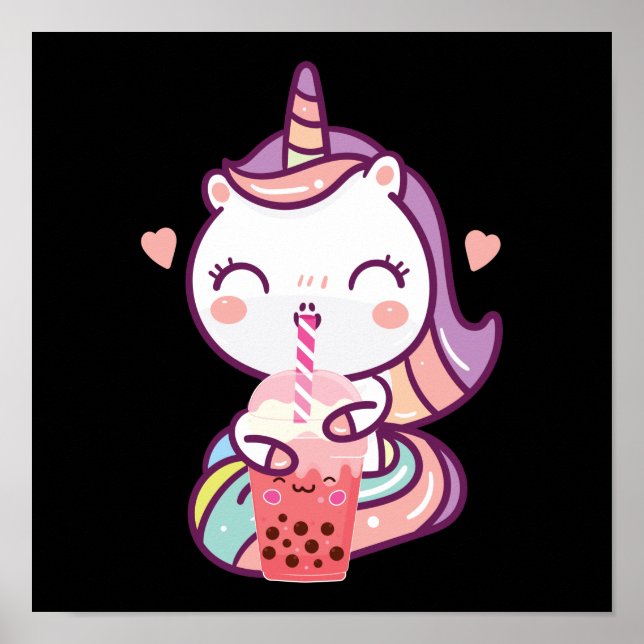 Poster Bubble Kawaii Bebendo Unicorn Boba Tea (Frente)