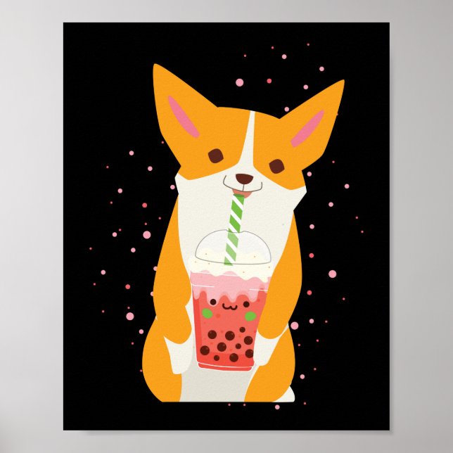 Poster Bubble Kawaii Corgi Bebendo Boba Tea Dog (Frente)