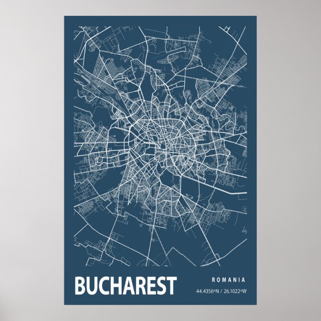Poster Bucareste Romênia - Mapa da cidade - Linha Art Blu (Frente)