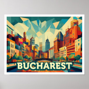 Poster Bucareste Romênia viagem artística colorida