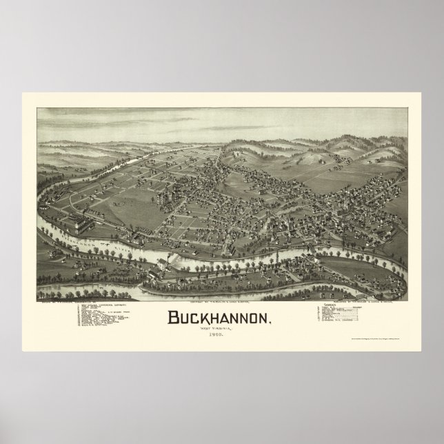Póster Buckhannon, Mapa Panorâmico da WV - 1900 (Frente)