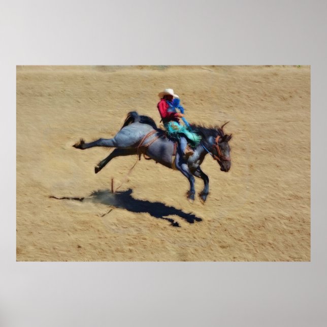 Poster Bucking Blue Bareback Bronc e Rodeo Cowboy Art (Frente)