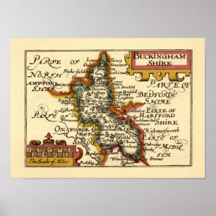 Poster Buckinghamshire County England Antigo Mapa Antiquá