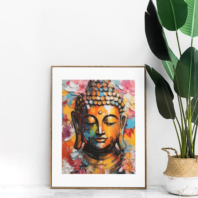 Poster Buda Abstrato Colorida com Destaque Floral (Colorful Floral Buddha Art Poster in golden frame with matte next to a large plant.)