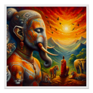 Póster buda espiritual e elefante
