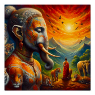 Póster buda espiritual e elefante
