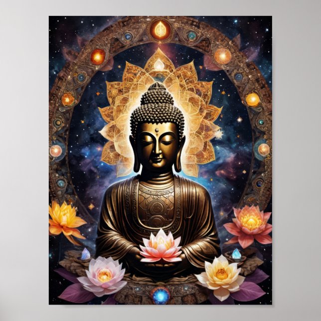 Poster Buda meditando com flores de lóto (Frente)