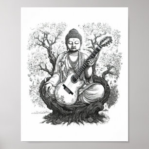 Poster Buda Vintage Tocando Guitarra Yoga Meditação Budis