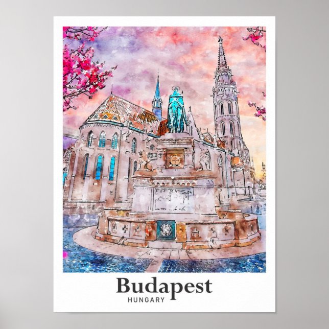 Poster Budapest Hungary Viagem Watercolor Hand Drawn (Frente)