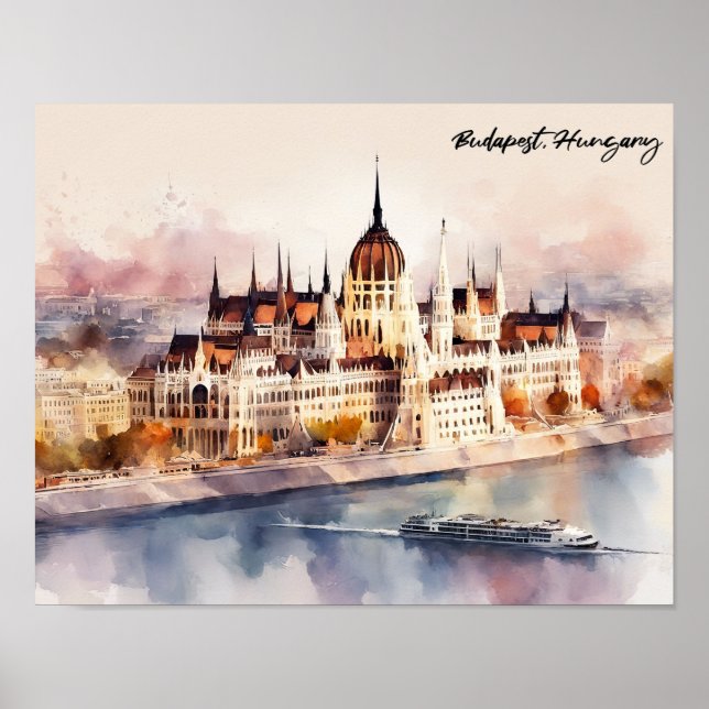 Poster Budapest Hungary Watercolor Painting Panorama View (Frente)
