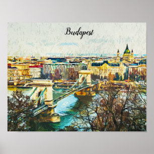 Poster Budapest Hungria Oil Paint Panorama View