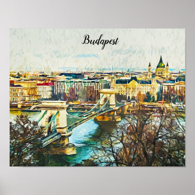 Poster Budapest Hungria Oil Paint Panorama View (Frente)