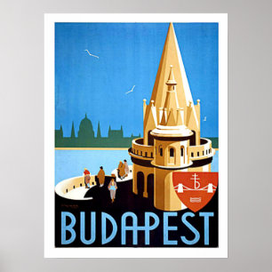 Poster Budapeste, bastião de pescador, viagens vintage