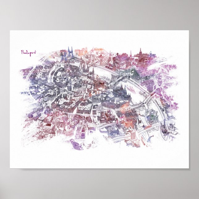 Póster Budapeste - Mapa visual da ave (roxo) (Frente)