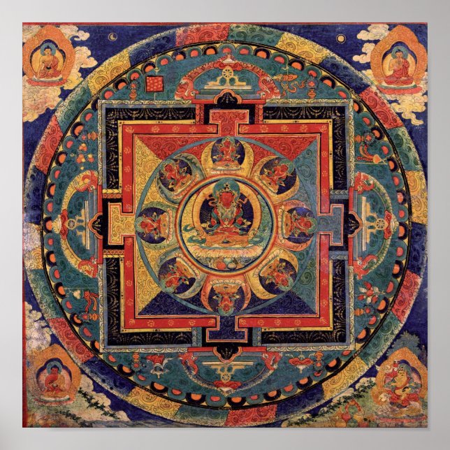 Poster Buddha Mandala Antiquado Tibetano Thanka (Frente)