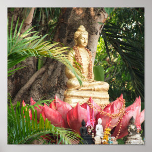 Poster budismo, buda, estátua, religião, ouro, ásia,