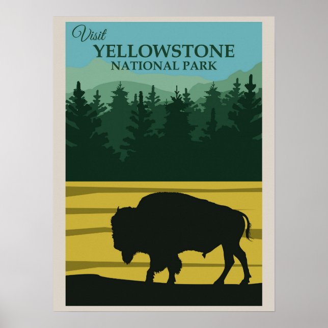 Poster Búfalo Bisão Vintage do Parque Nacional de Yellows (Frente)