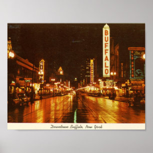 Poster Búfalo do centro NY no vintage da noite