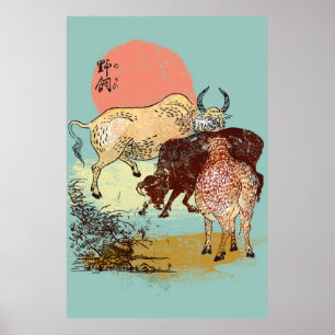 Poster Búfalos de água do boho, ilustração do estilo 