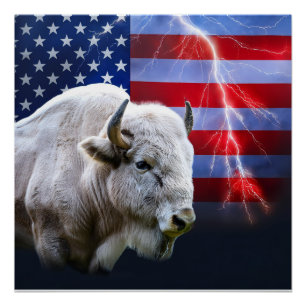 Póster Buffalo Branco Com Bandeira Americana E Relâmpagos